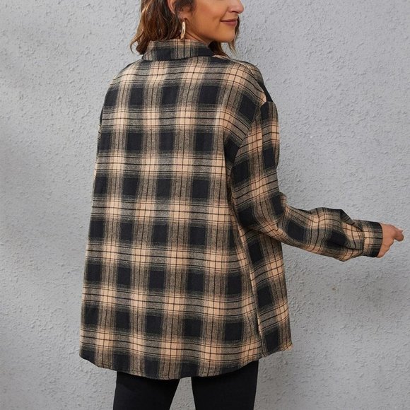 Casual Plaid Print Drop Shoulder Shirt tan black - Picture 3 of 5